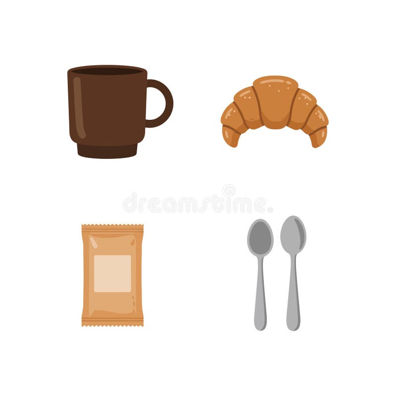 Coffee cup croissant sugar packet and spoons breakfast food items vector illustration vector illustration
