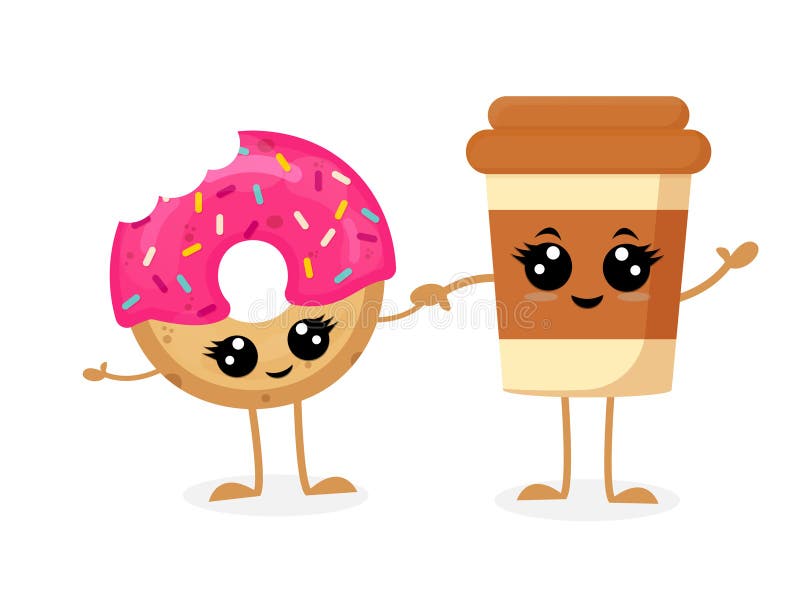 Coffee Cup and Donut. Cute Cartoon Characters. Design for Cards, Menu ...