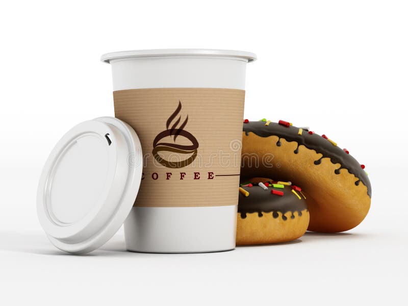 Coffee cup and donuts isolated on white background. 3D illustration. Doughnut isolated illustrations