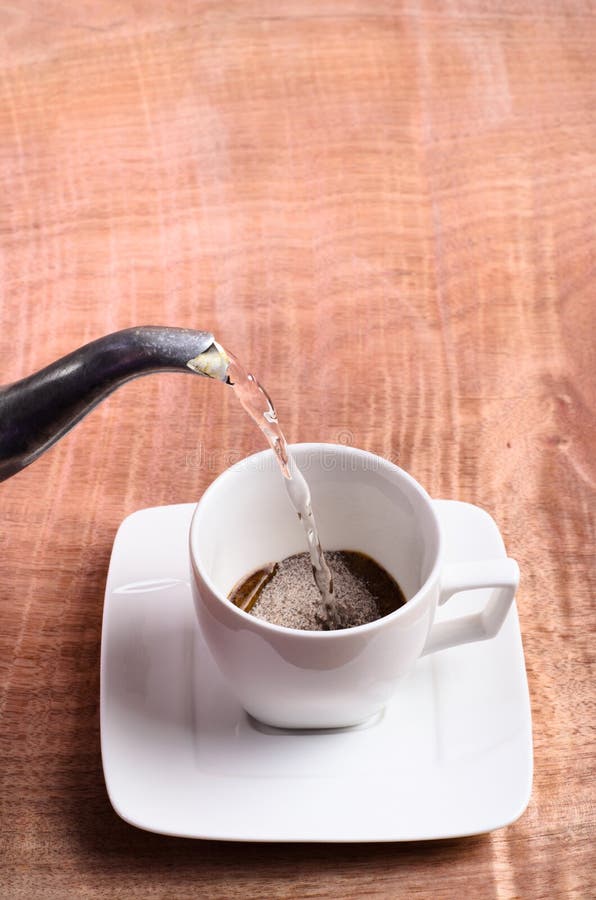 Coffee Cup and Hot Water on a Wooden Table Stock Image Image of
