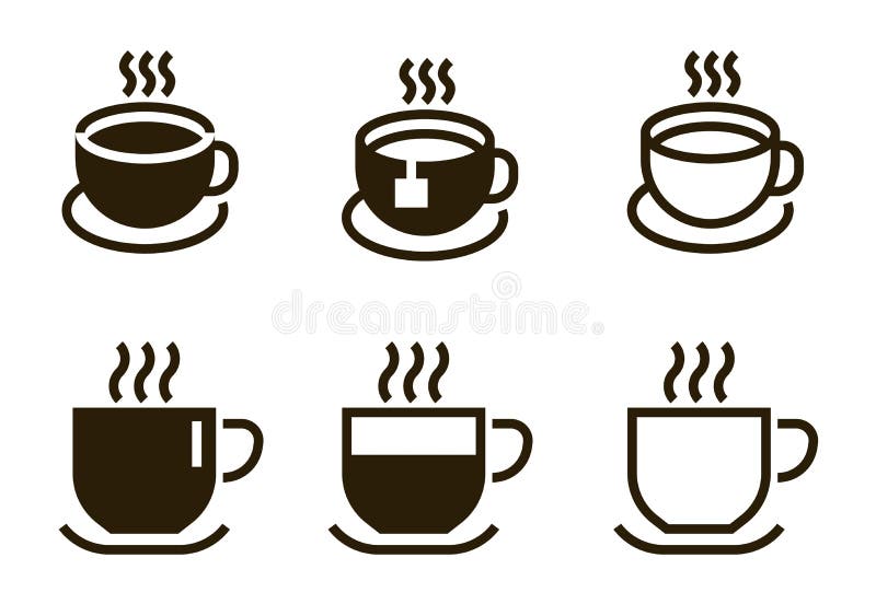 Coffee cup icons. Contour mugs with hot beverages. Black and white silhouettes set. Tableware for drinking tea with