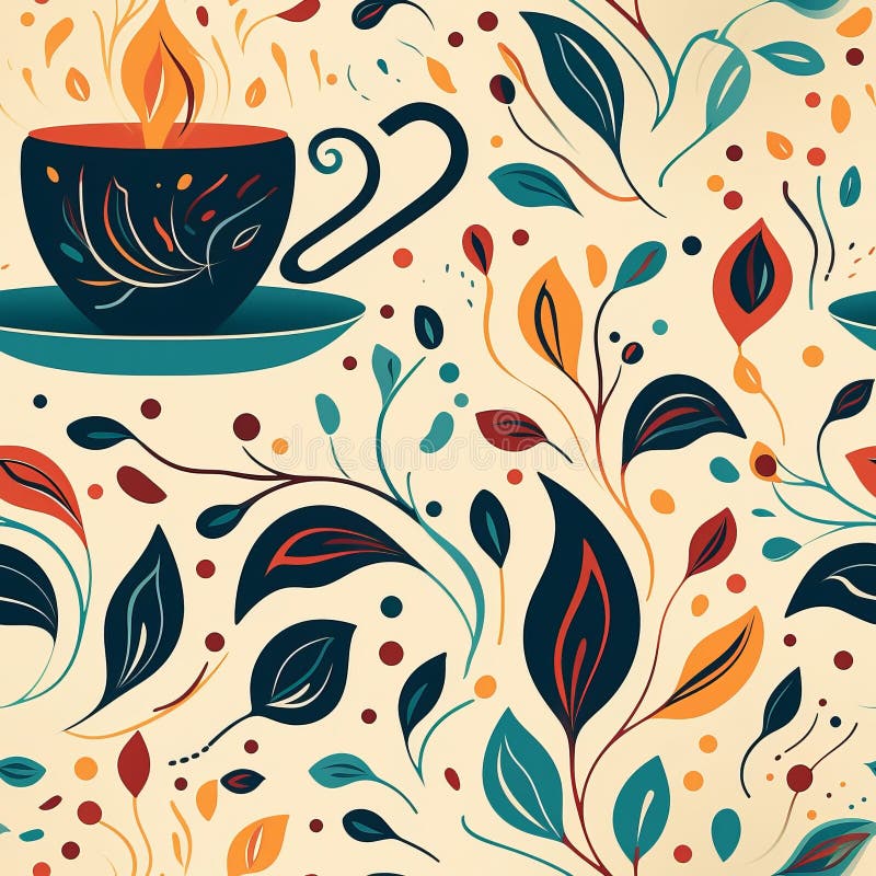 Abstract Coffee Cup Pattern on White Ceramic Mug, Vibrant Design for