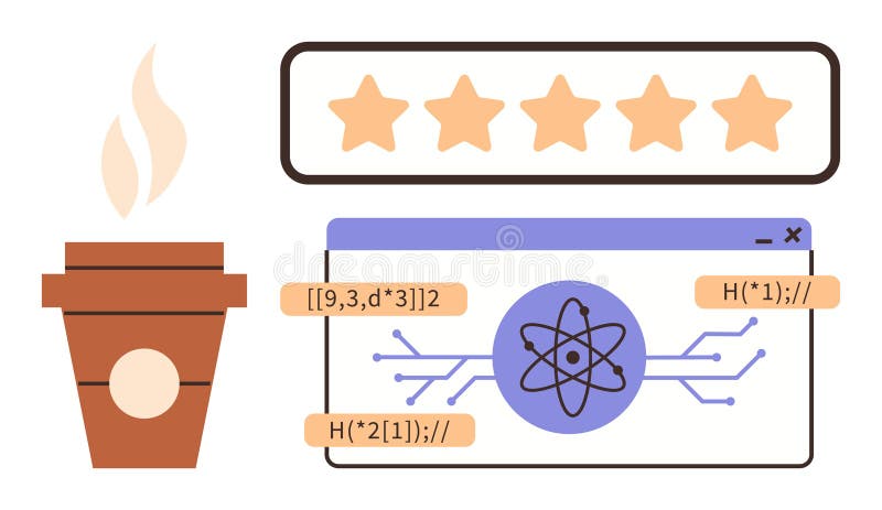 Coffee cup beside tech interface with atom design, circuit patterns, and a 5-star rating bar vector illustration