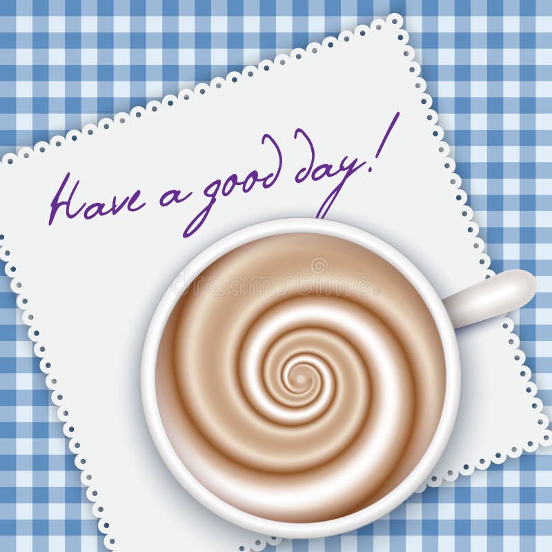 Coffee cup top view, blue gingham background