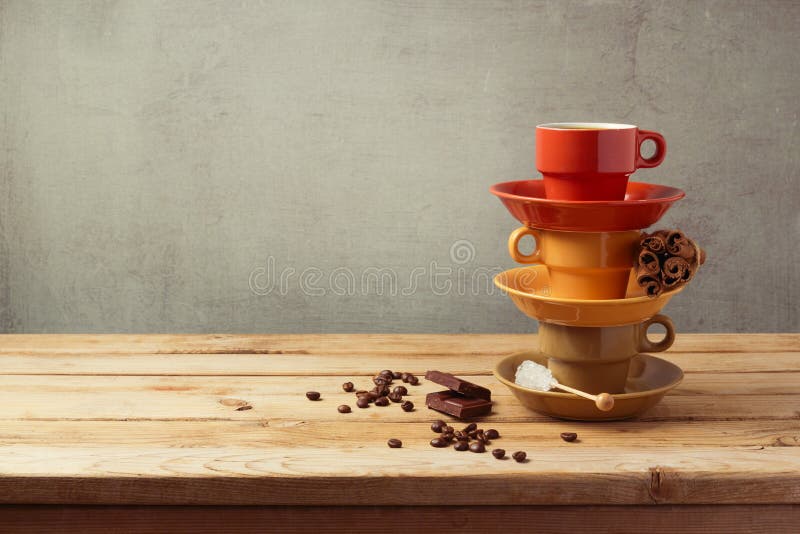 Coffee Cups Stack on Wooden Table Stock Photo Image of coffee, shop