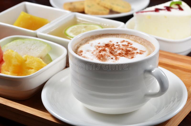 Coffee with dessert, fruit stock photo. Image of tasty 108352884