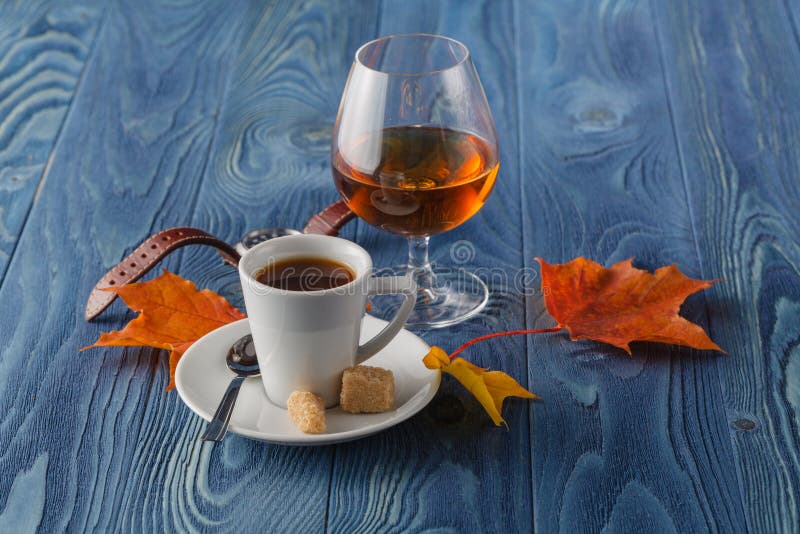 Coffee and Drink. Cup of Coffee and Cognac Brandy Whiskey Aperitif in