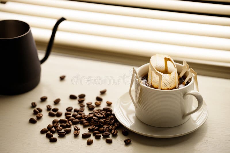 Coffee Drip Bag and Coffee Beans Stock Photo Image of instant, morning 253693256