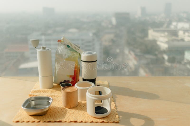 Coffee Equipment Set of Manual Hand Grinding and Pressing Tools. Stock