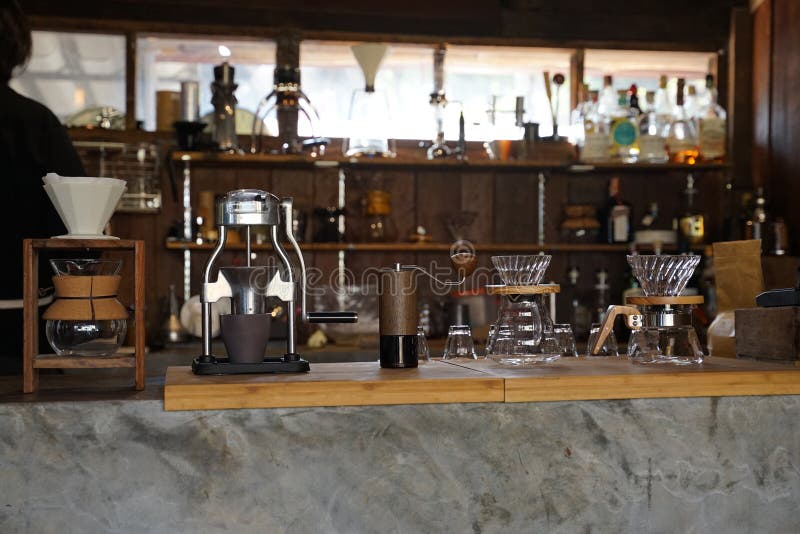 Coffee Equipments in the Coffee Shop on Timber Counter Stock Photo