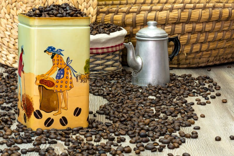 Coffee, fresh aromatic coffee beans in a metal box with coffee pot