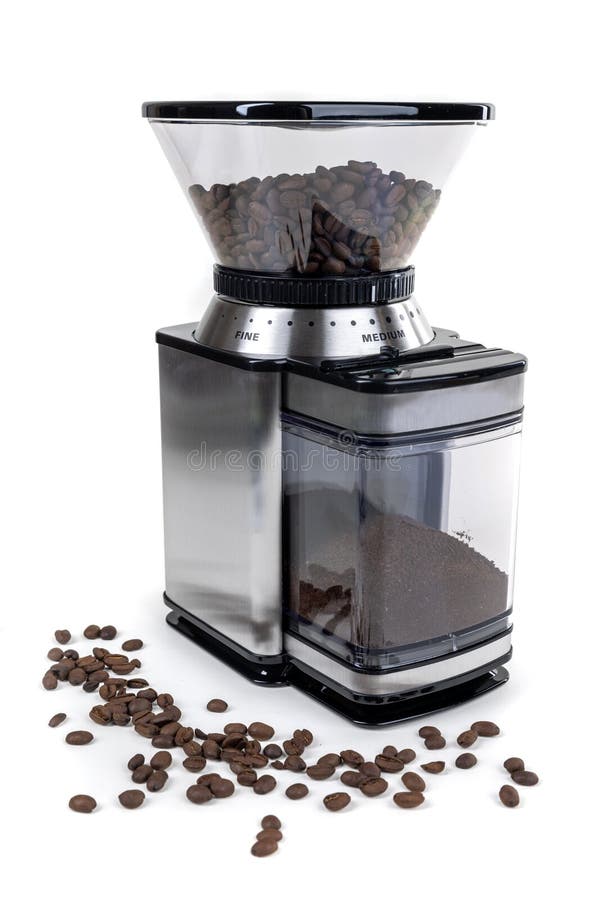 Coffee Grinder with Espresso Roast Beans Over a White Background Stock
