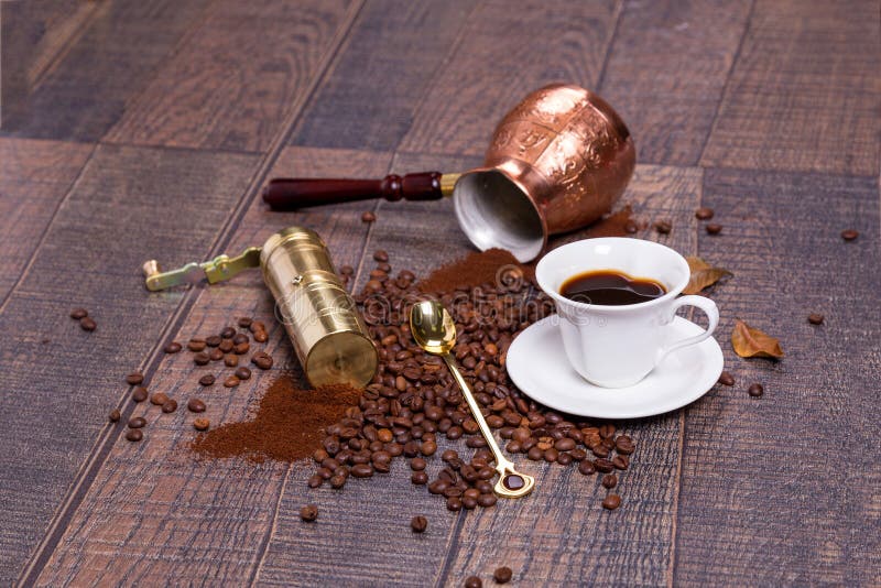Coffee Grinder, Pot and Grains Stock Image Image of breakfast, drink