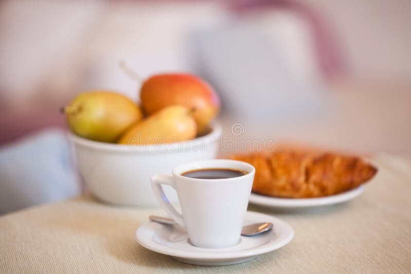 Coffee at Home. Breakfast with Croissants, Coffee and Fruits on the