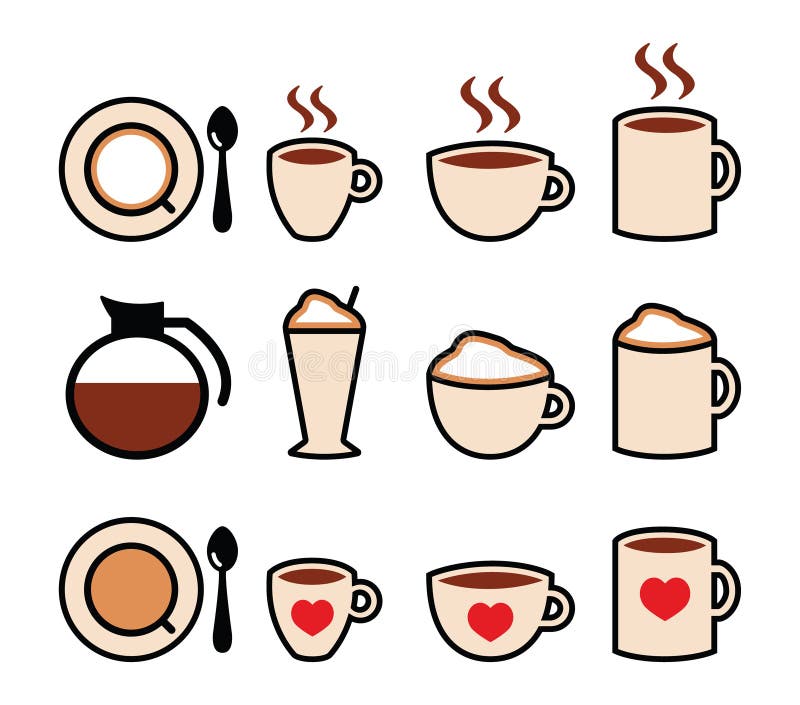Cute Coffee, Cappuccino and Espresso Kawaii Icon Set Stock