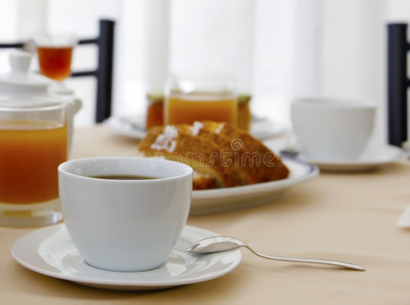 Coffee and juice in breakfast in hotel royalty free stock photos