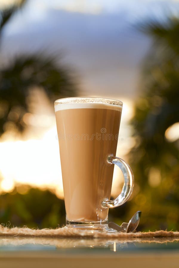 Coffee latte in palm tree and sunset background