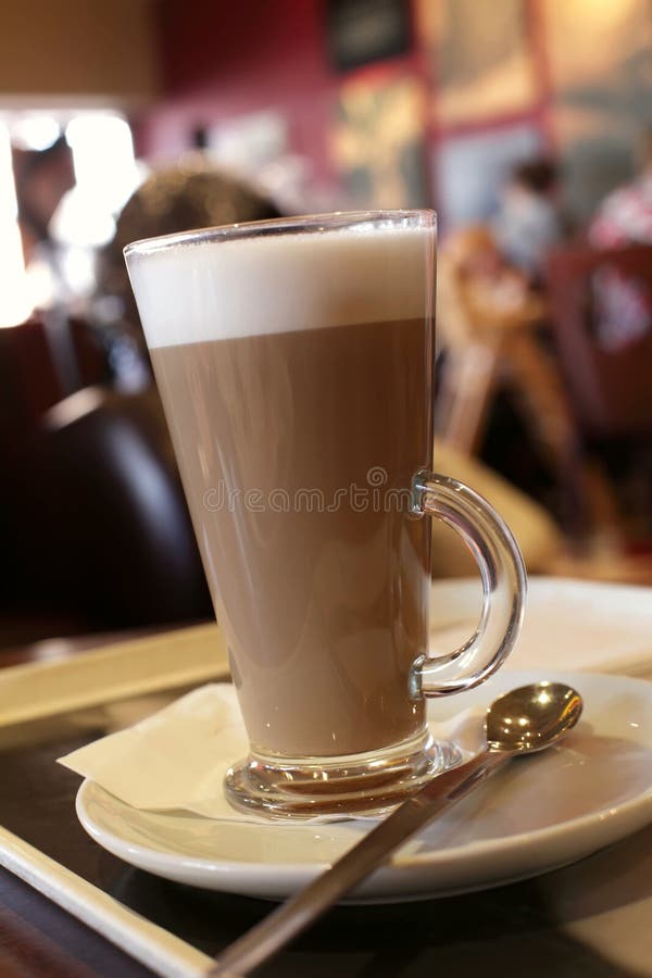 Coffee Latte In A Tall Glass, Cafe Background Stock Photo ...