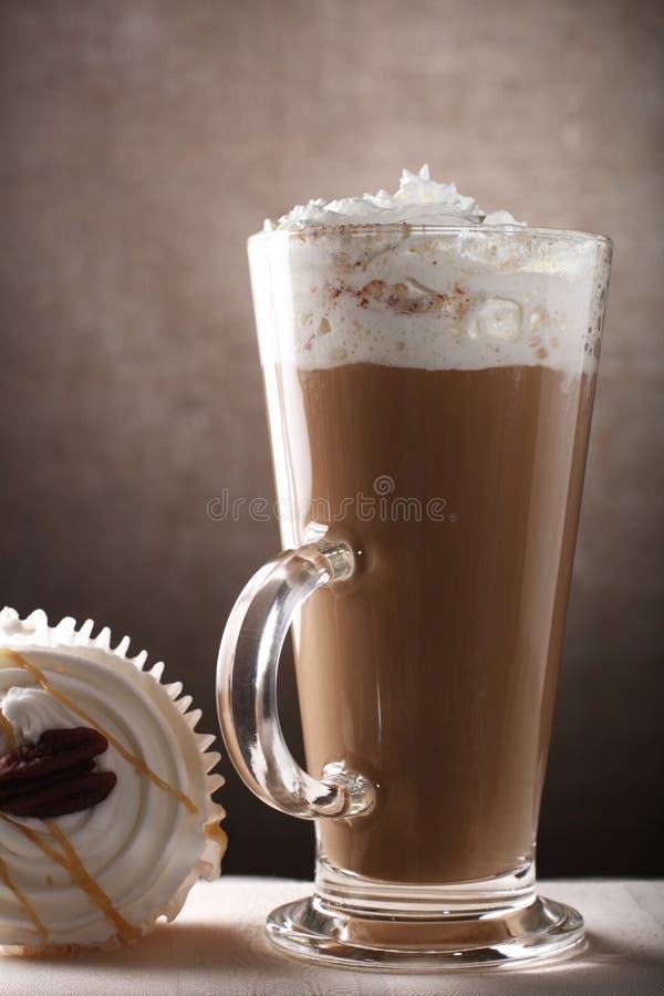 Coffee Latte in Tall Glass with Cup Cake Stock Photo Image of beverage, sponge 5213782