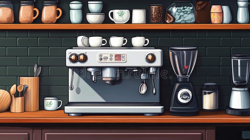 Coffee machine brewing, kitchen shelf detail. stock photo