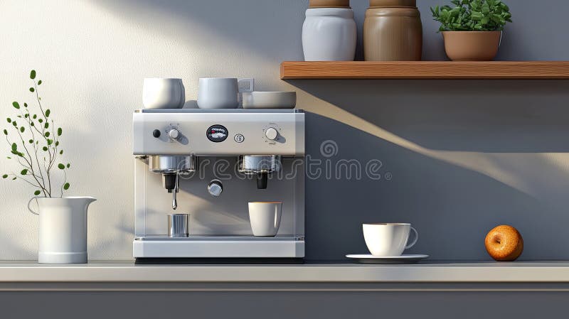 Coffee machine brewing, kitchen shelf detail. stock images