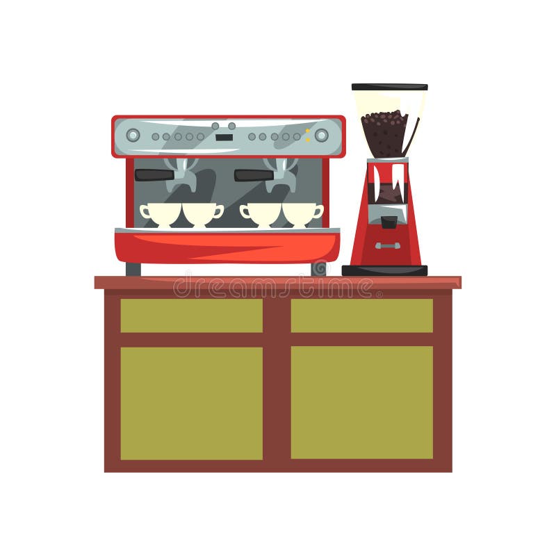 Coffee Machine and Electric Coffee Grinder on Wooden Table, Professional  Equipment for Coffee Shop Cartoon Vector Stock Vector - Illustration of  cartoon, barista: 110206805