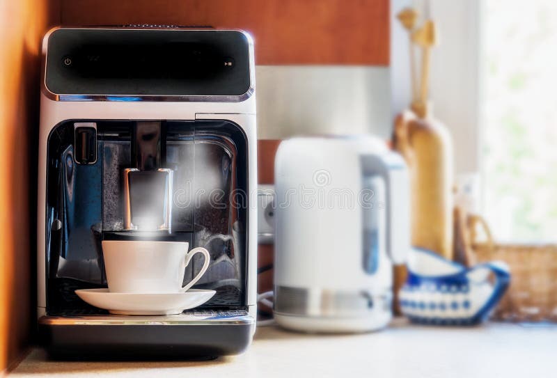 Coffee Machine in the Kitchen Interior, Making Coffee Stock Photo