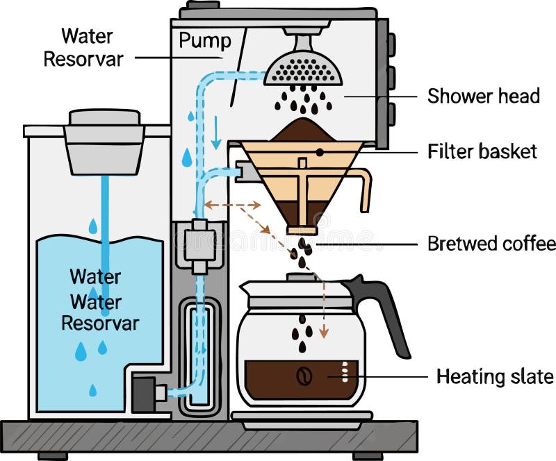 electric drip coffee maker brewing process diagram