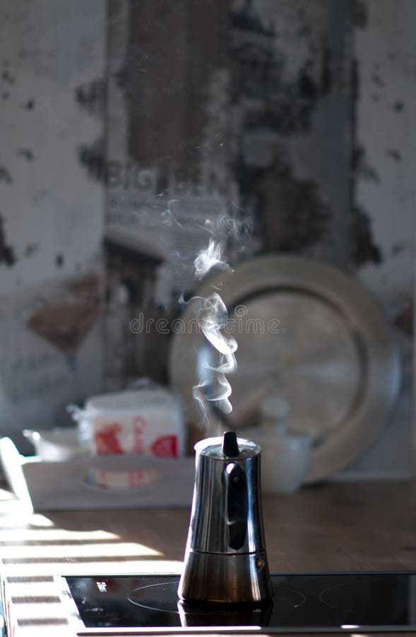 Coffee Maker on the Stove with Steam Stock Photo Image of coffeemaker