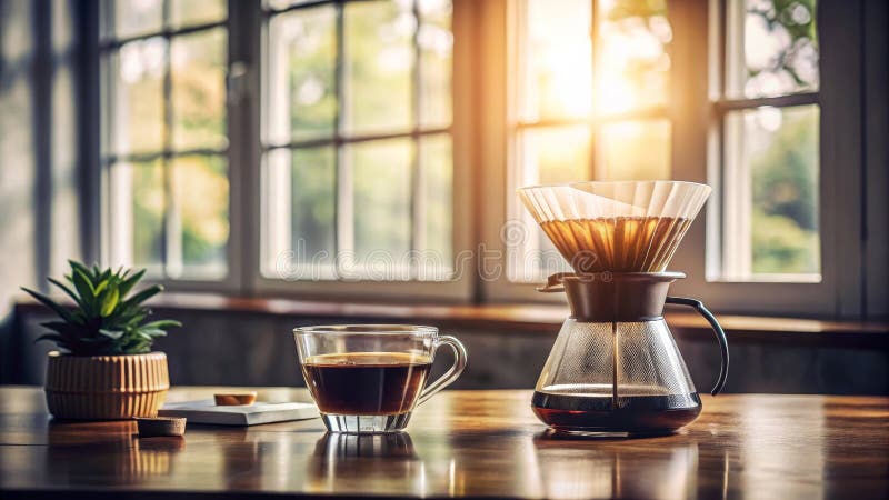 Coffee mattutine aromatiche che si producono in un forno a pressione la luce solare attraversa una finestra in un ambiente domesti royalty illustrazione gratis