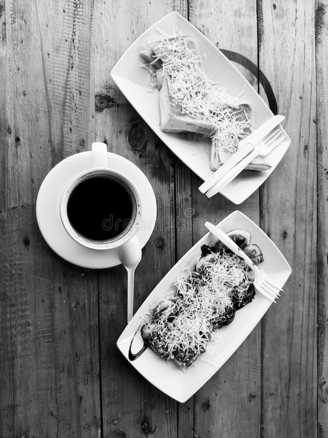 Coffee Meal Set in Vertical Black and White Stock Image Image of