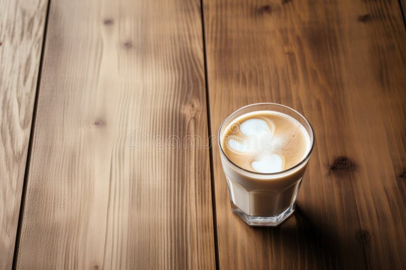 Coffee with milk in a glass on a wooden table with copy space royalty free illustration