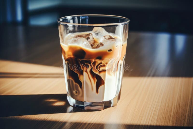 Coffee with milk and ice in a glass on a wooden table stock illustration