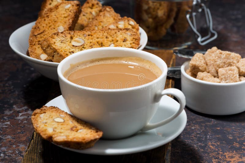 Coffee with Milk and Italian Cookies Cantucci, Closeup Stock Image