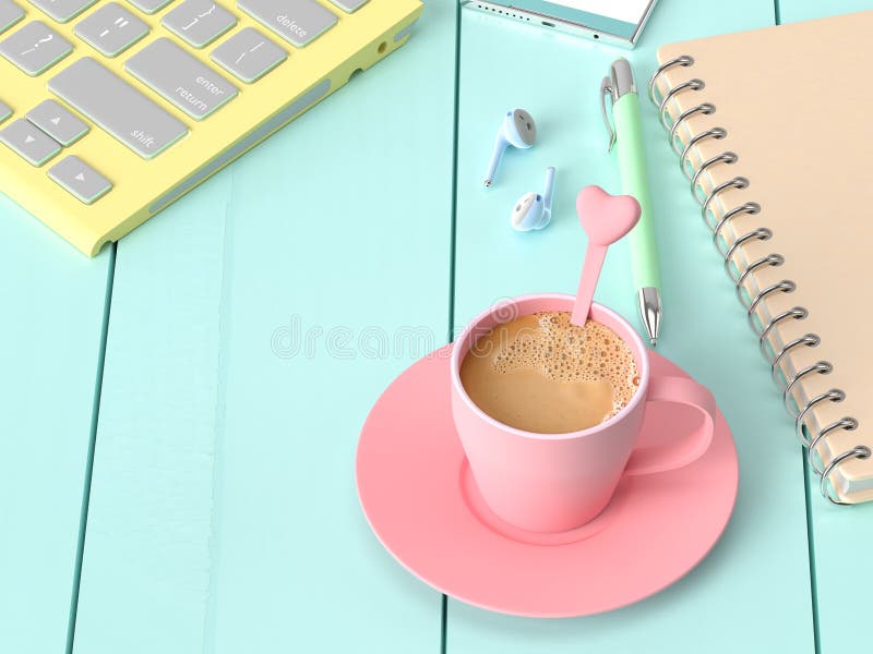 https://thumbs.dreamstime.com/b/coffee-milk-pink-cup-work-desk-notebook-pen-keyboard-smartphone-earphone-pastel-concept-d-render-131026547.jpg