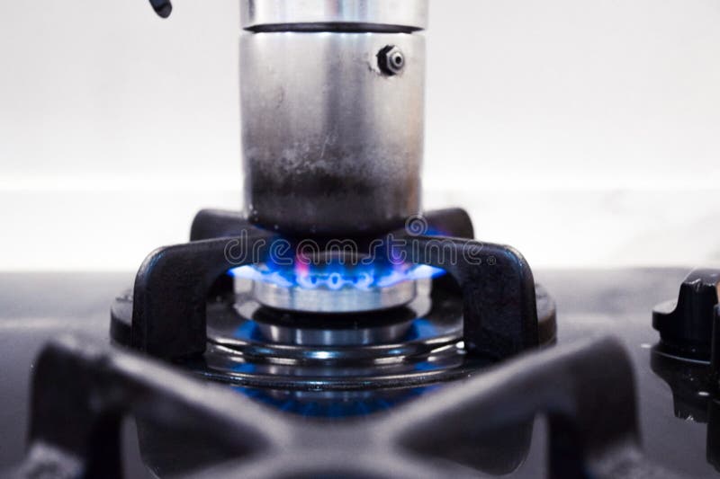 Coffee Moka Pot on the Gas Stove with Blue Fire Stock Image Image of