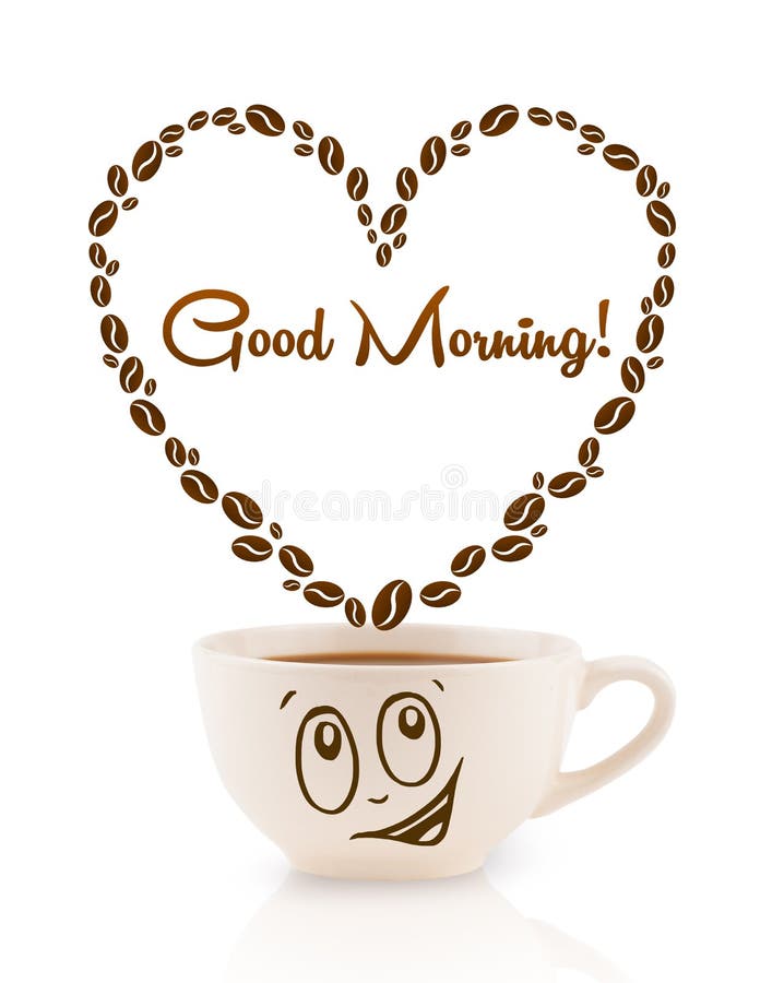 Coffee mug with coffee beans shaped heart with good morning sign stock photo Coffee mug with coffee beans shaped heart with good morning sign stock photo