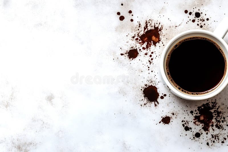 Coffee mug creating splashes of ground coffee on white table stock photography