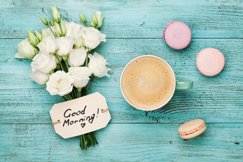 Coffee Mug with Macaron, White Flowers and Notes Good Morning on Blue ...
