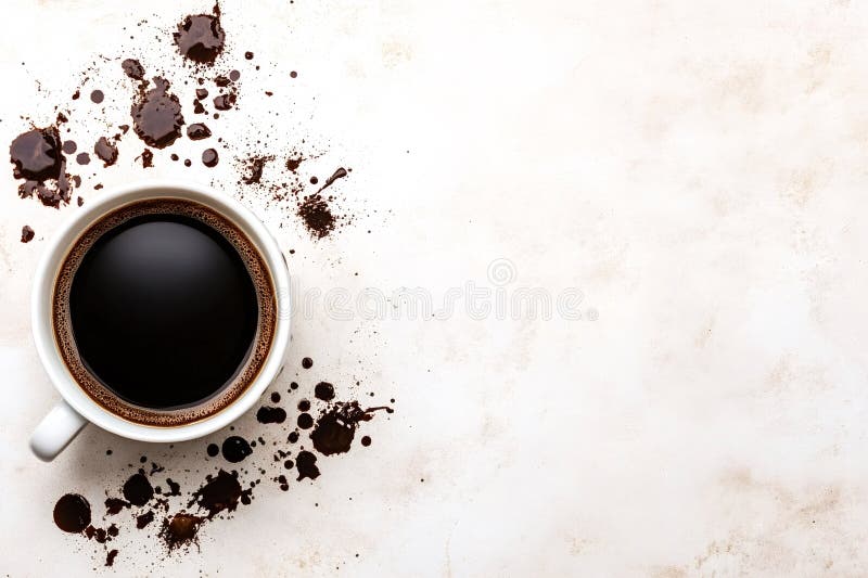 Coffee mug overhead view with scattered coffee grounds and stains royalty free stock photography