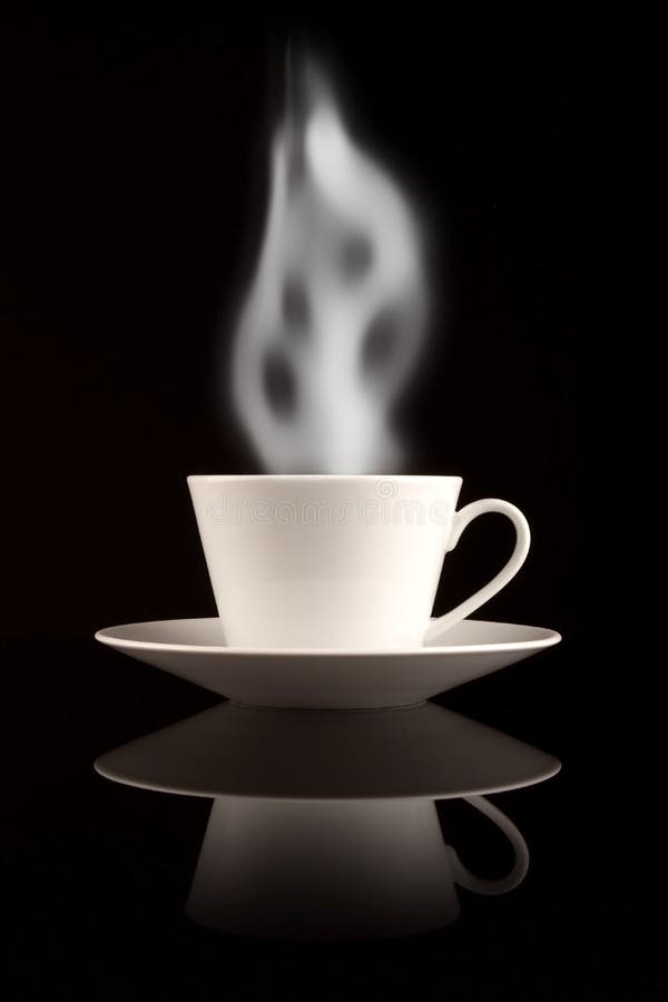 Coffee Mug with Smoke on Black Reflective Surface Stock Photo Image