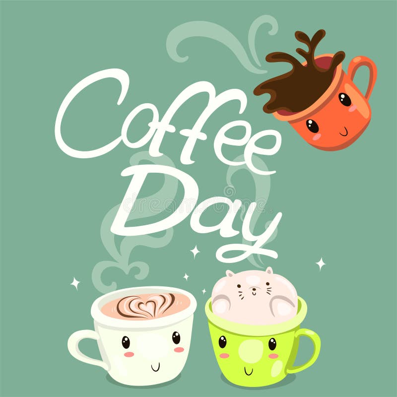 Coffee Mugs with Faces on a Green Background. Vector Graphics Stock