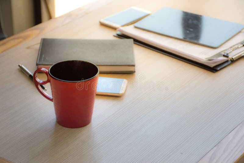 Coffee Mugs and Office Supplies Put on the Table Stock Photo Image of