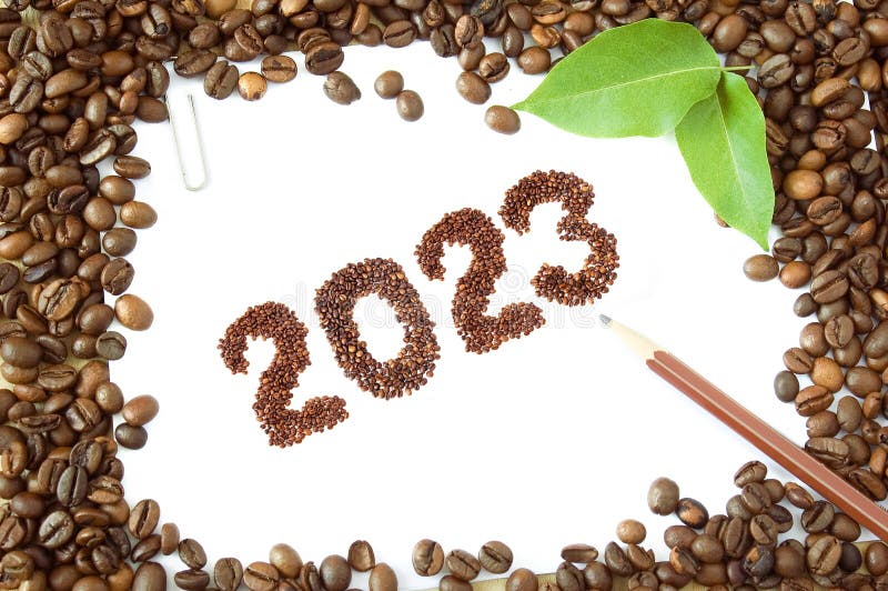 Coffee New Year 2023, Coffee Beans, Cup of Coffee Isolated on White