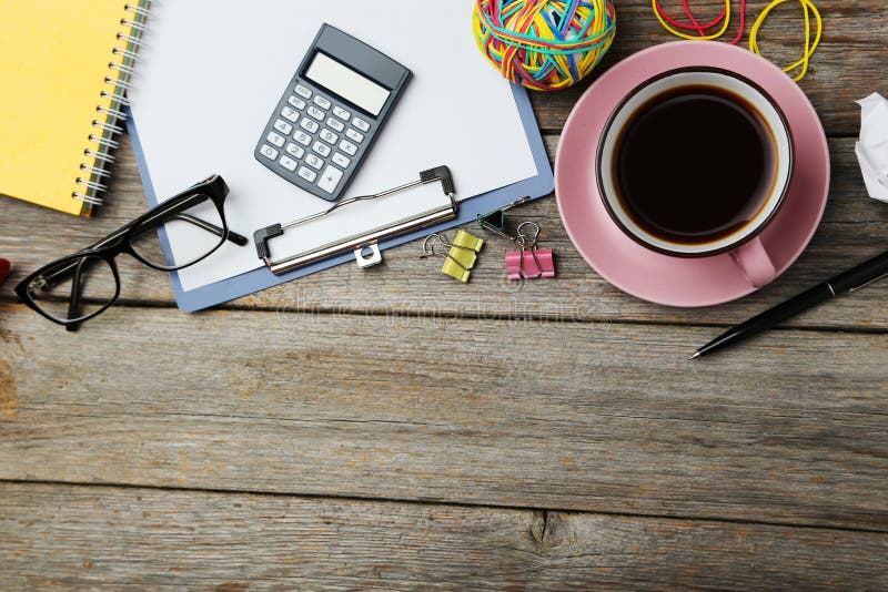 Coffee and office supplies stock image. Image of message 51024575