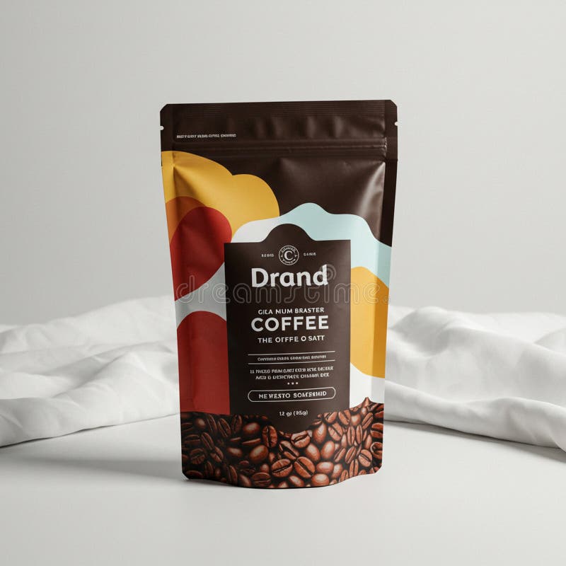 A coffee package labeled \'Drand\' with a modern, colorful design is displayed. The vector illustration