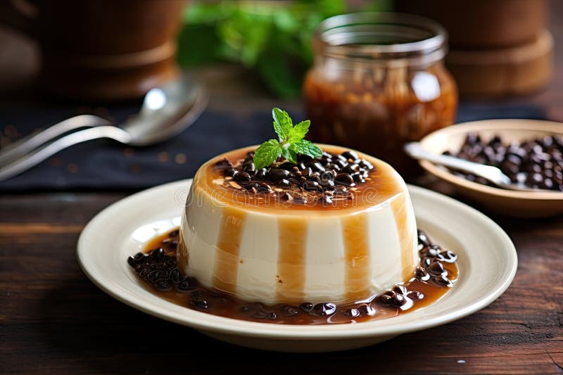 Coffee Panna Cotta Dessert with Caramel Sauce Stock Illustration