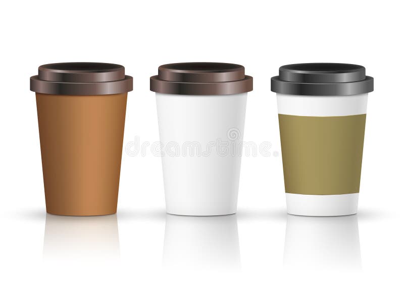 Coffee Cup Set with Label. Brown Plastic Container for Latte, Mocha or Cappuccino Cup for Cafe Stock Vector Illustration of blank, mock: