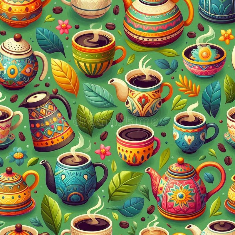Coffee pattern with teapots ,seamless green background. Colorful teapots and coffee cups with intricate patterns are arranged on a seamless green background. The objects are adorned with vibrant designs in orange, blue, and yellow hues. Scattered among them are coffee beans and multicolored leaves, adding a natural element. Small pink and yellow flowers are interspersed throughout, enhancing the lively composition. The repeating pattern provides a playful and artistic look, showcasing a harmonious blend of cultural motifs and a love for tea and coffee.