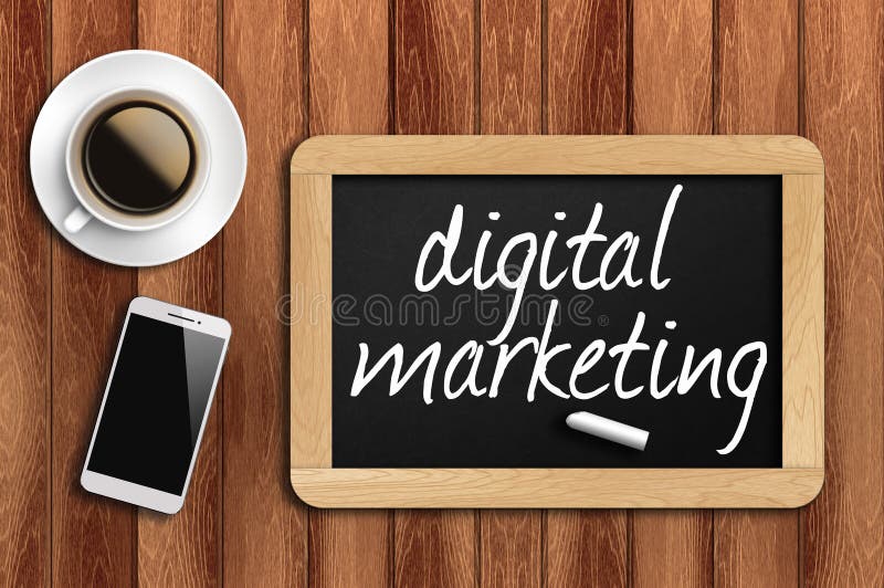 Coffee, phone and chalkboard with digital marketing words stock photos